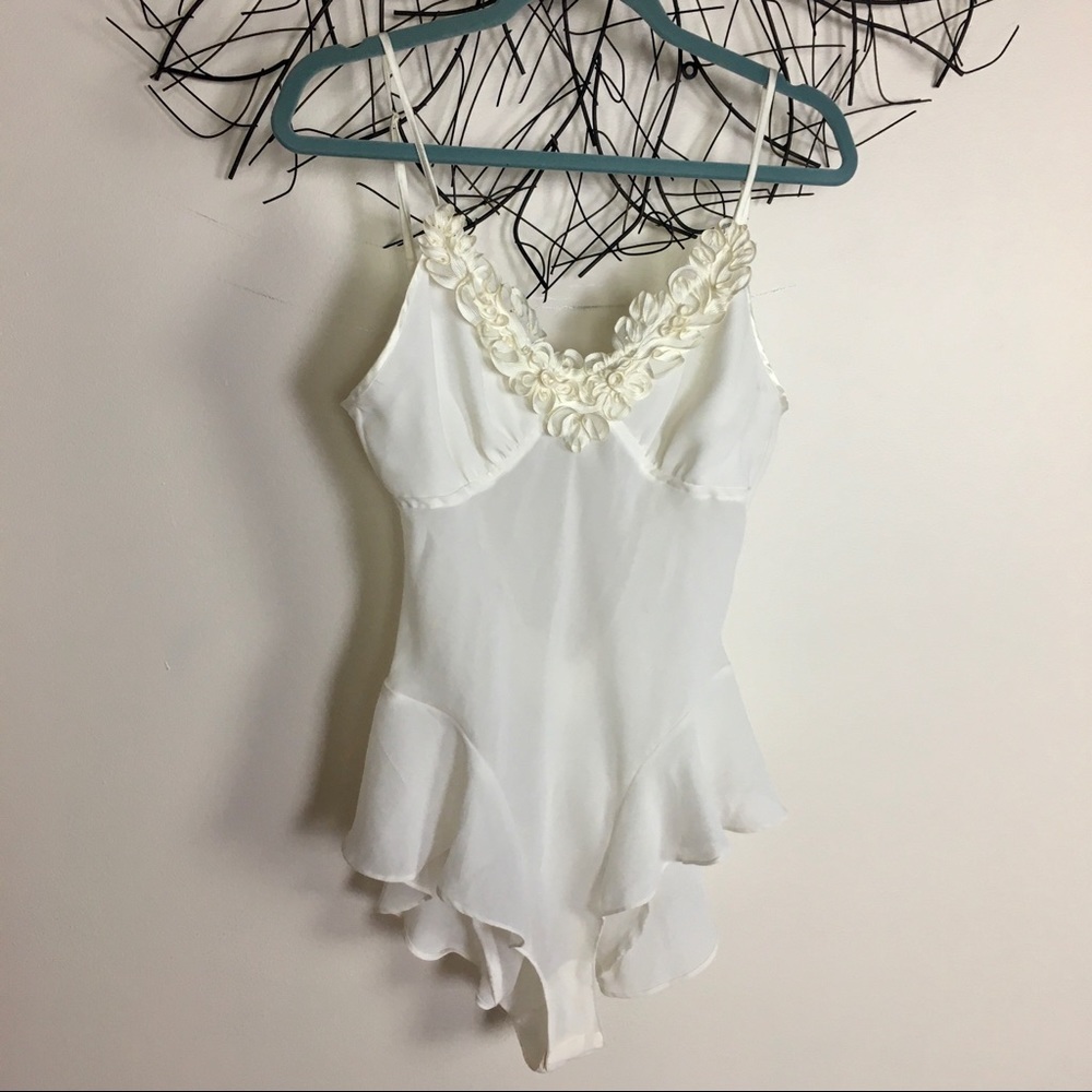 Vintage lingerie body suit. White ruffled unique